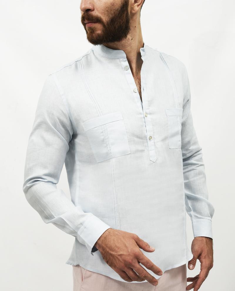 Premium Linen Long Sleeve Mid-shirt- Baby Blue