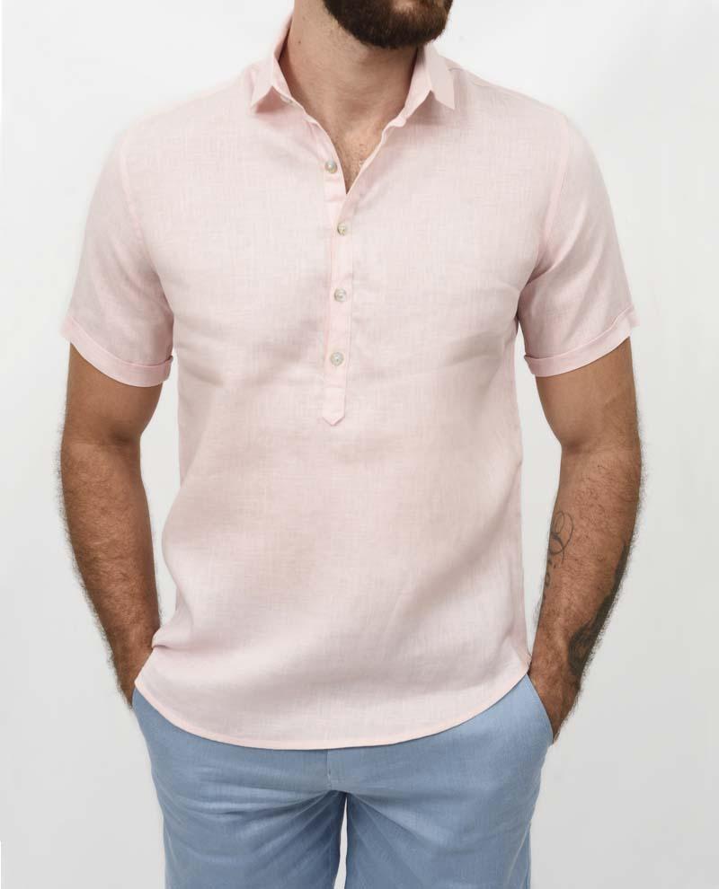 Premium Linen Short Sleeve Mid Shirt - Light Pink