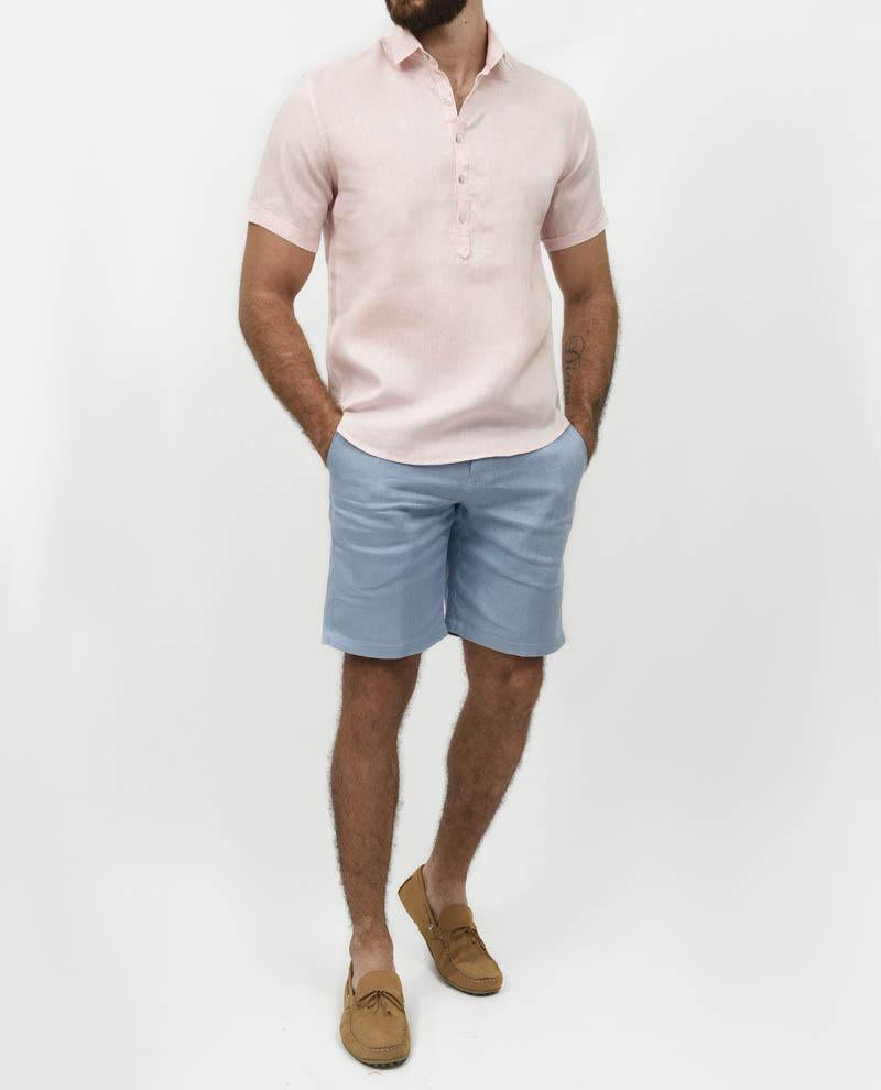 Premium Linen Short Sleeve Mid Shirt - Light Pink